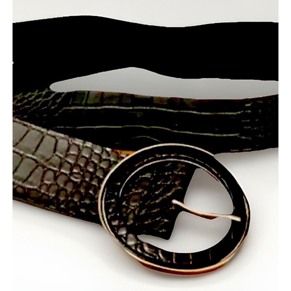 Women's Black Crocodile Embossed Belt Large Circular Buckle Boho Nine West VTG